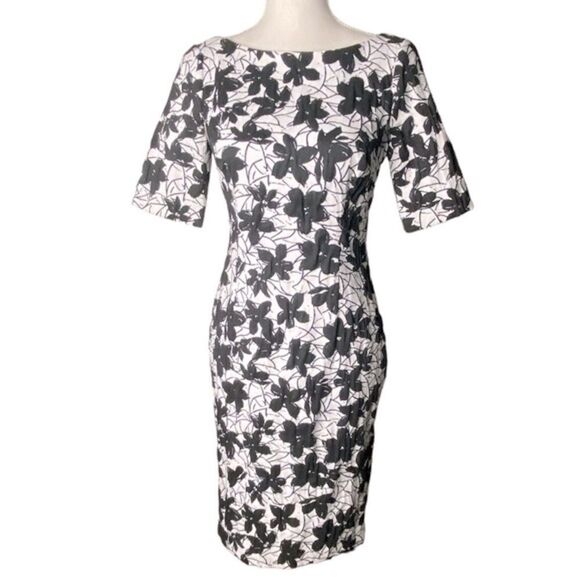 CALVIN KLEIN Wm’s Sz 6 Black White Floral Jacquard Stretch Retro Sheath Dress - Picture 1 of 5